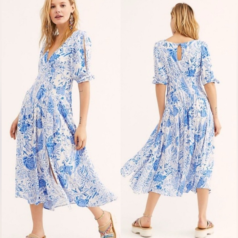 Free People $168 Blue Forever Always Dress Floral Midi Spring Coquette Fairy